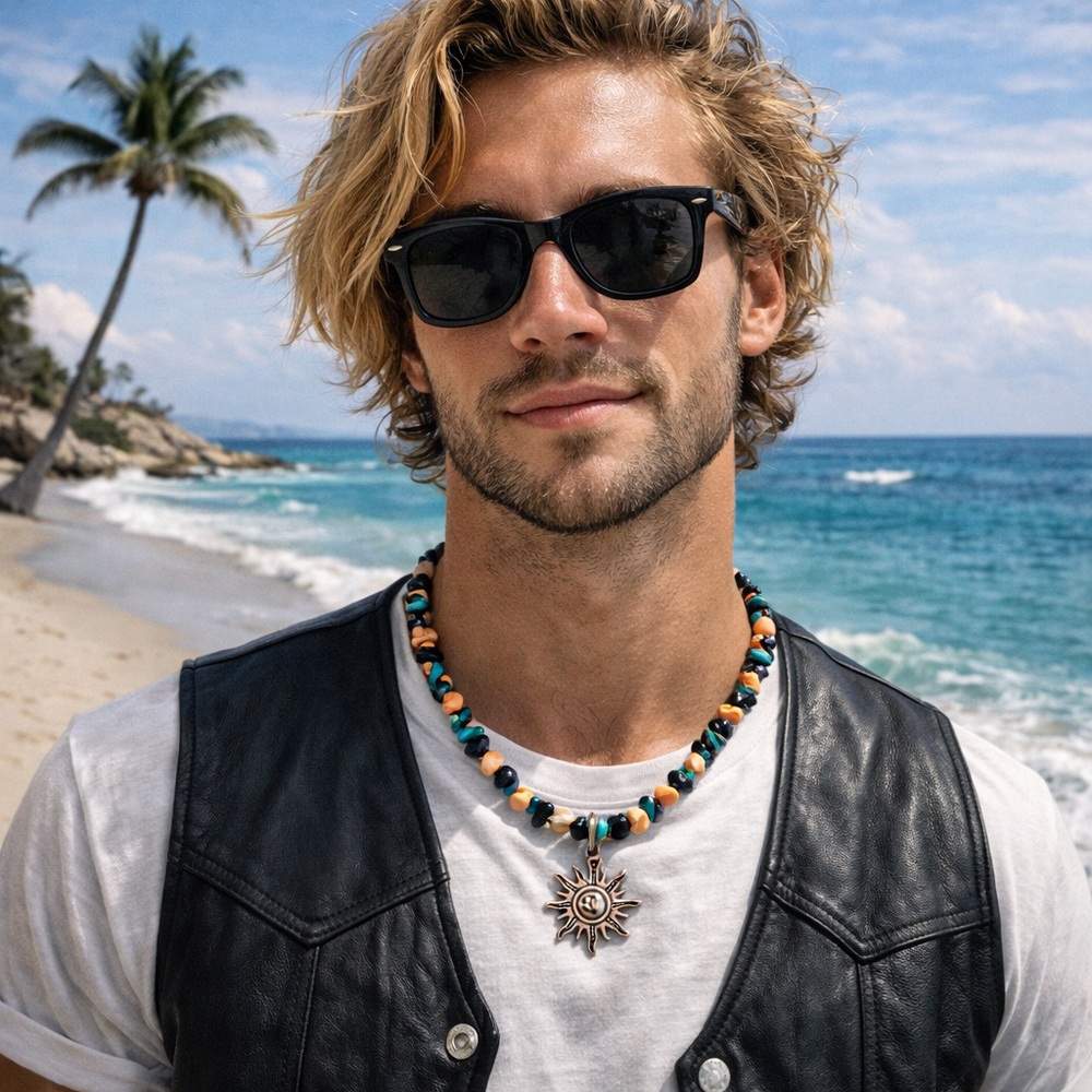 paparazzi Men's Turquoise & Orange Beaded Sunburst Necklace